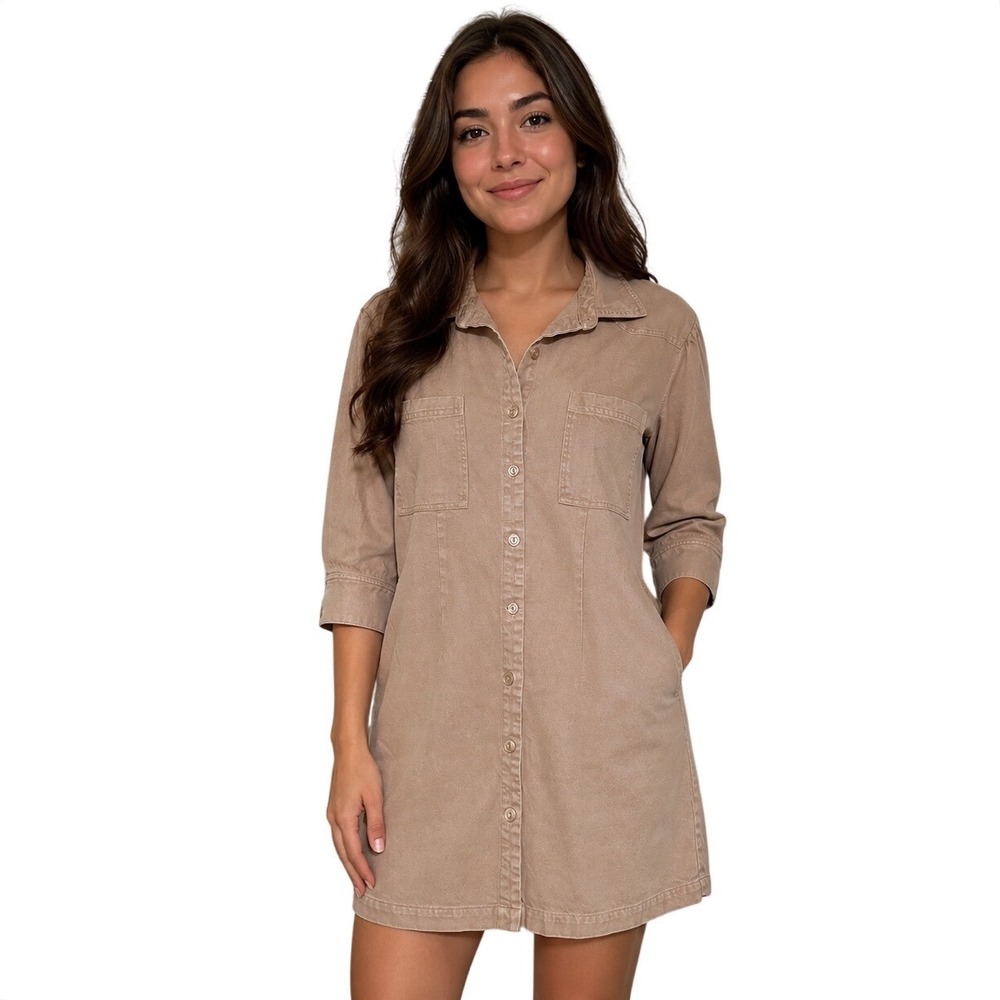 YFB Young Fabulous and Broke Tan Button Down Mini Dress 3/4 Sleeve Size S